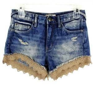 Free People Denim Distressed Shorts Knitted Trim